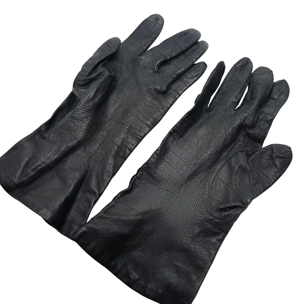 Vintage Italian Gloves Black Leather Womens Size 7 Silk Lined Driving Luxury